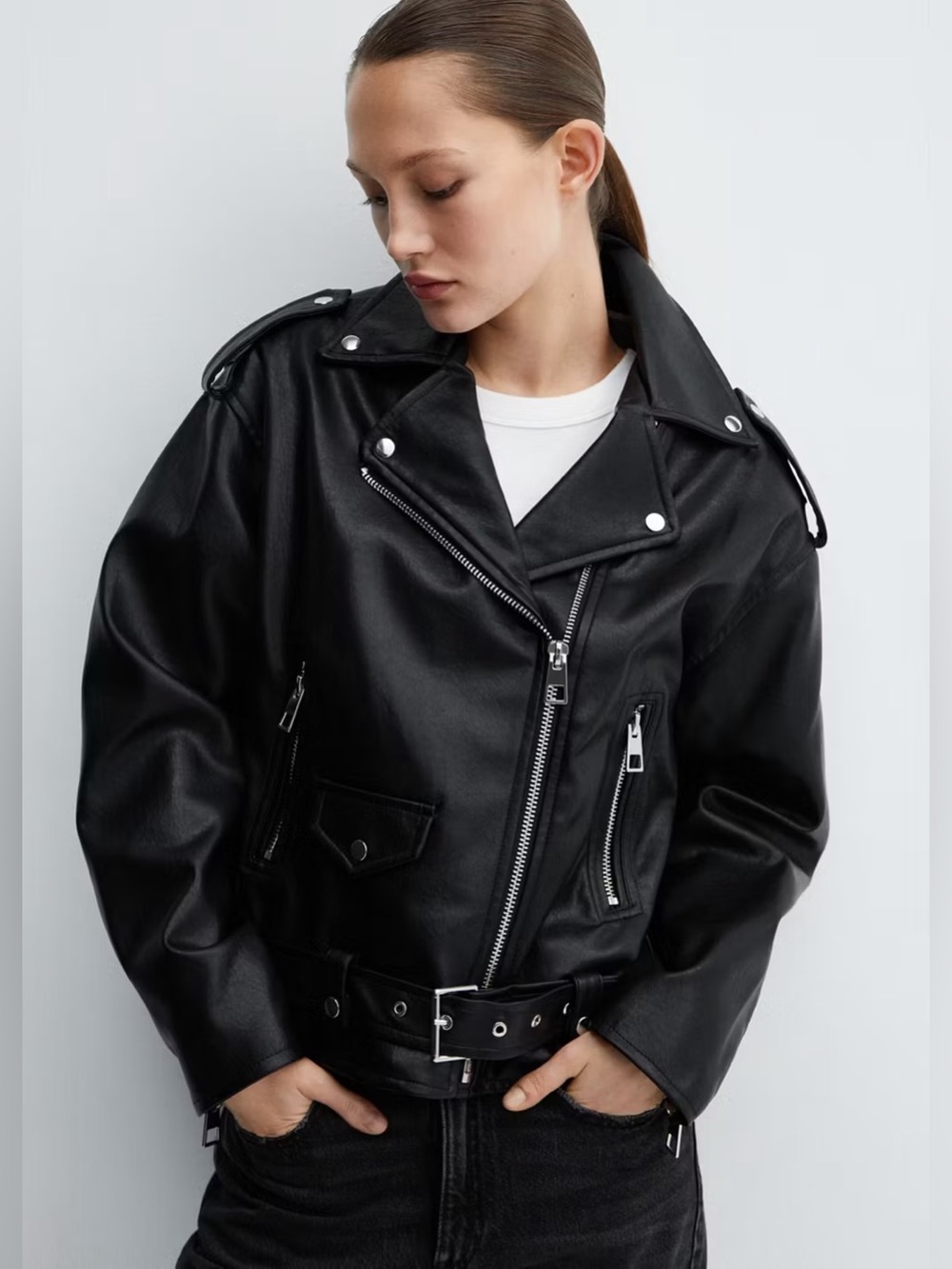 Mango Faux-Leather Oversized Biker Jacket - Black - XXL
